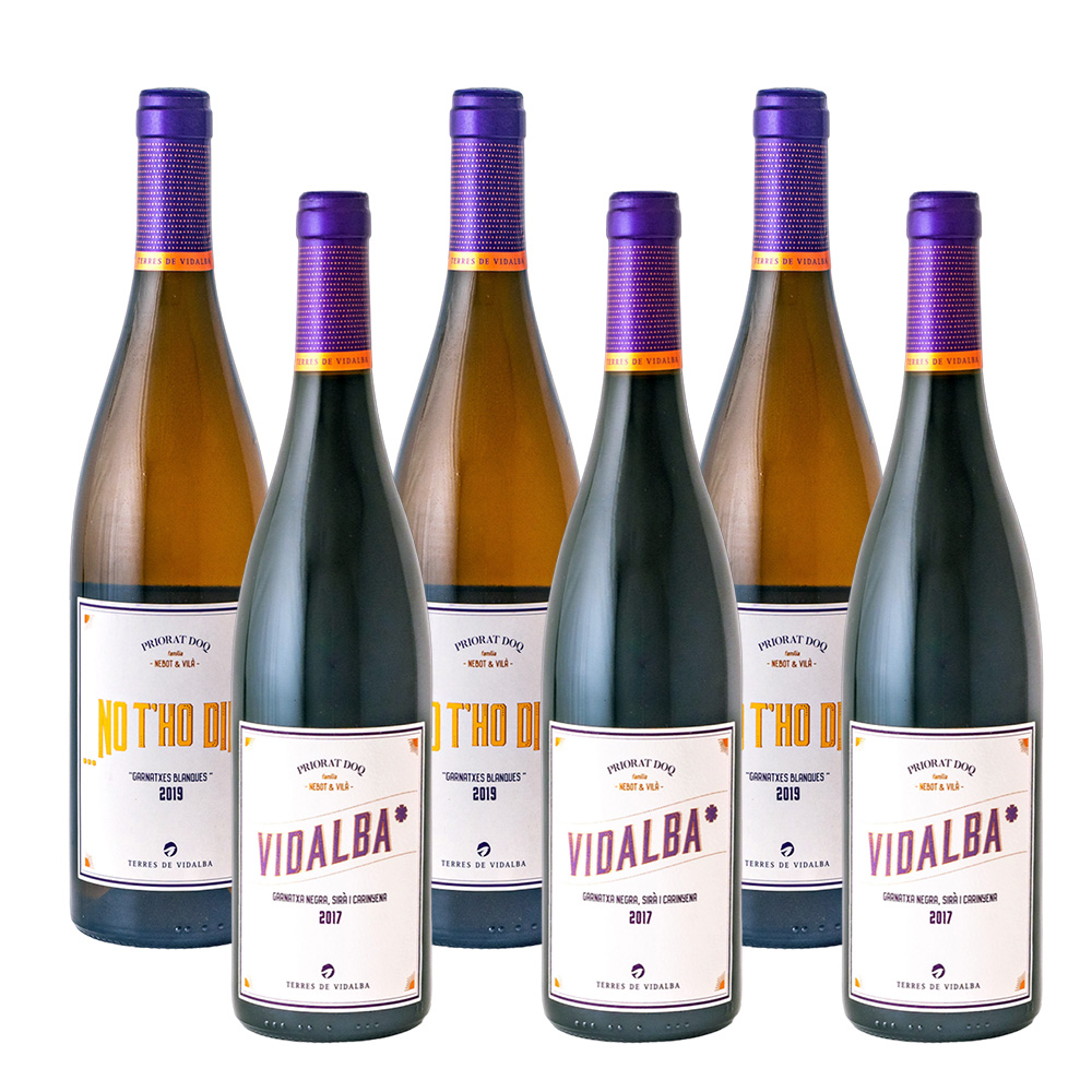 Selecció lot "Blanc i Negre Priorat" format per 3 ampolles de vi negre del Priorat Vidalba 2016 i 3 de vi blanc No t'ho diré 2019 de Terres de Vidalba