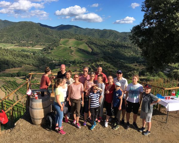 Grup de persones des del mirador de Terres de Vidalba, després d'haver passejat per les vinyes.