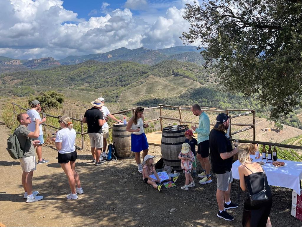 Grup de persones que han arribat al mirador de Terres de Vidalba després de realitzar l'activitat d'enoturisme de Trekkingwine.